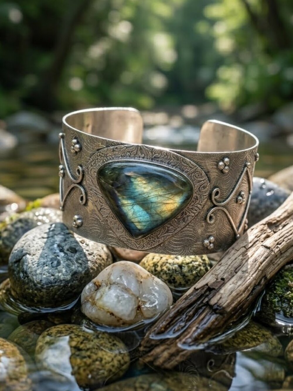 925 Silver Genuine Labradorite Artisanal Wide Open Cuff Bracelet Boho Statement - Picture 13 of 16